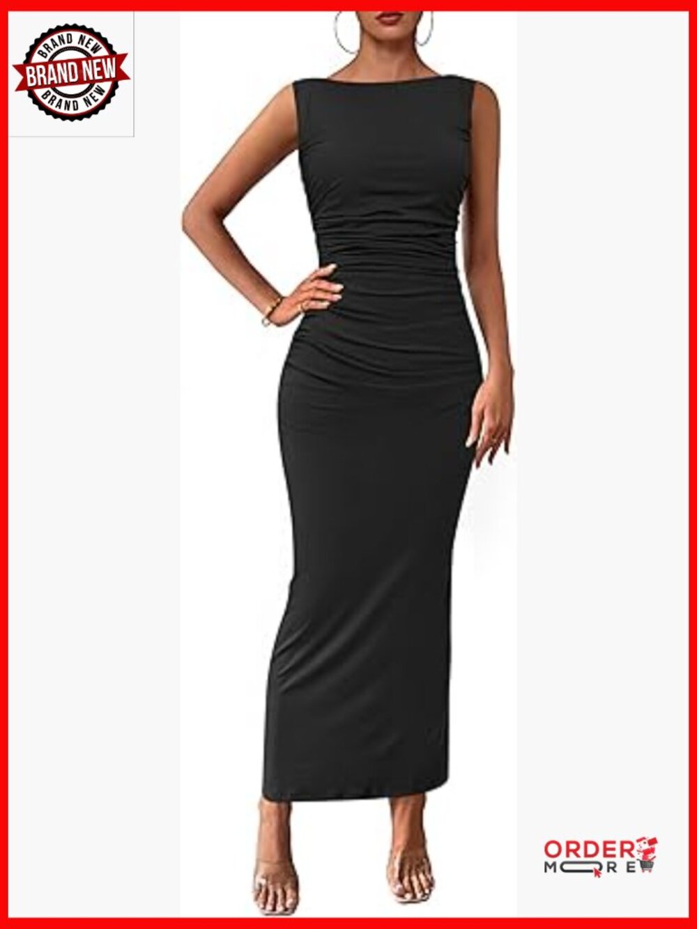 Sleeveless Midi Bodycon Dress Ruched Back Slit Wedding Guest